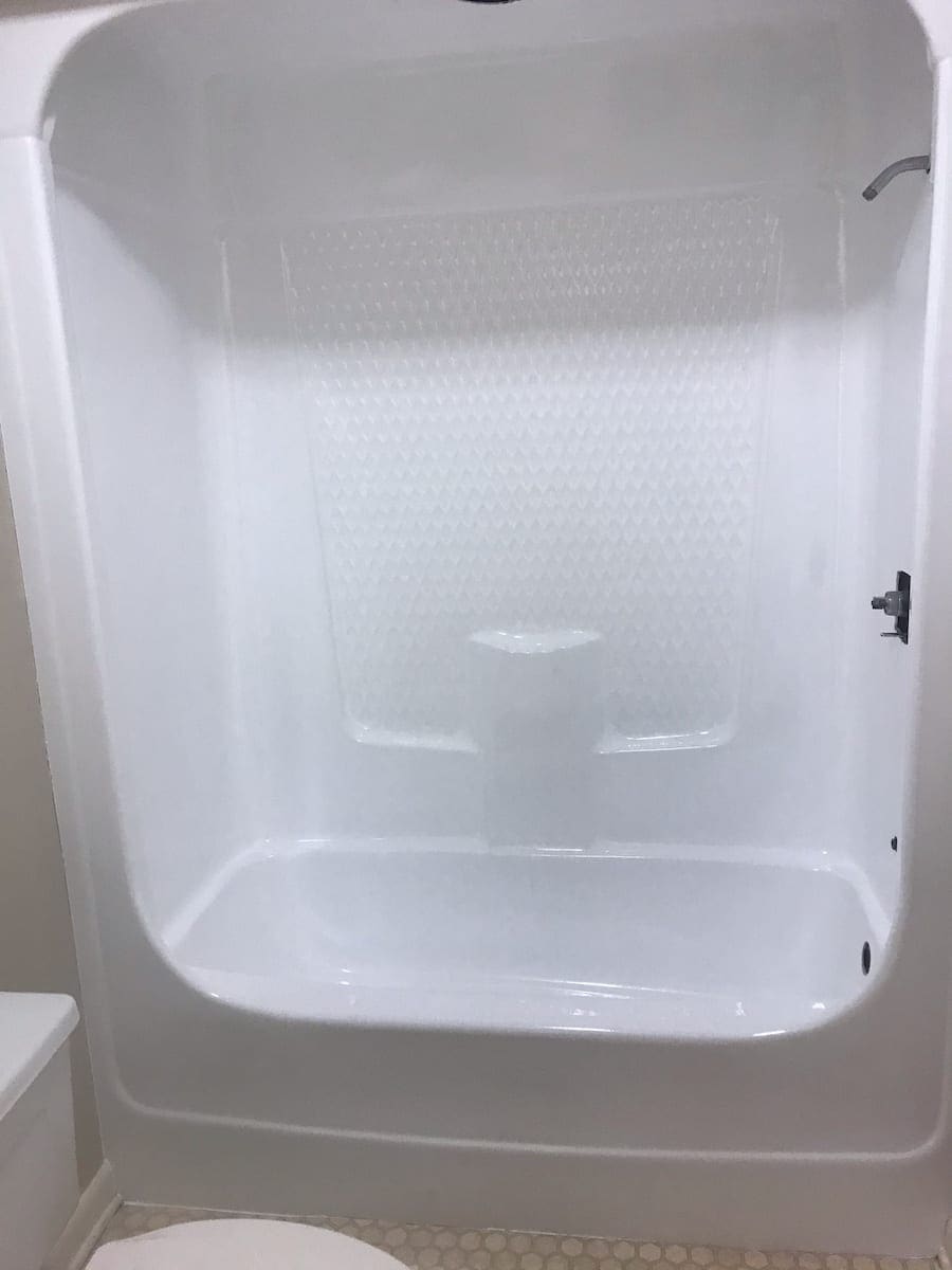 Red Tile Shower Makeover — after Renov8 refinishing